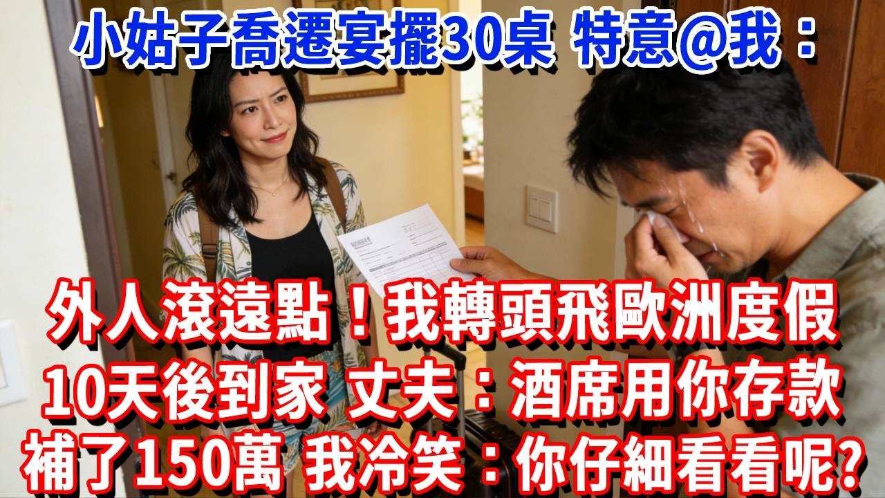 小姑子喬遷宴擺30桌，特意@我：外人滾遠點！我轉頭飛歐洲度假，10天後到家，丈夫心虛：酒席用你存款補了150萬，我冷笑：你仔細看看呢?#小魚故事會#為人處世#人生感悟#中老年生活