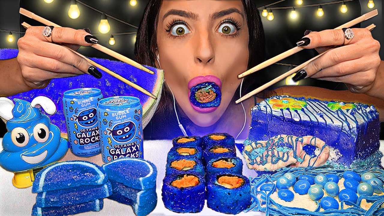ASMR *BLUE FOOD* TIE-DYE SUSHI, GALAXY ROCKS, WATERMELON JELLY, CHOCOLATE PRETZELS, BUBBLEGUM 먹방
