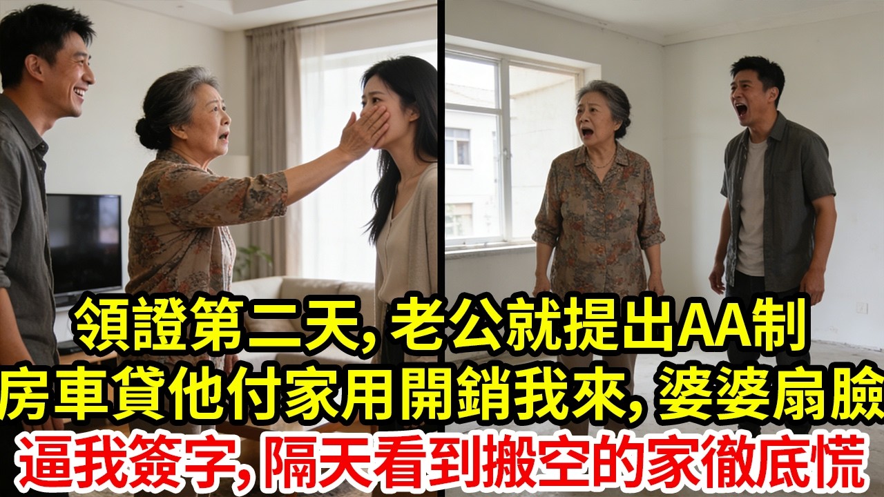 領證第二天，老公就提出AA制房車貸他付家用開銷我來，婆婆扇一巴逼我簽字，隔天看到搬空的家徹底慌了！#為人處世#情感#情感故事#小說#生活經驗#女性成長