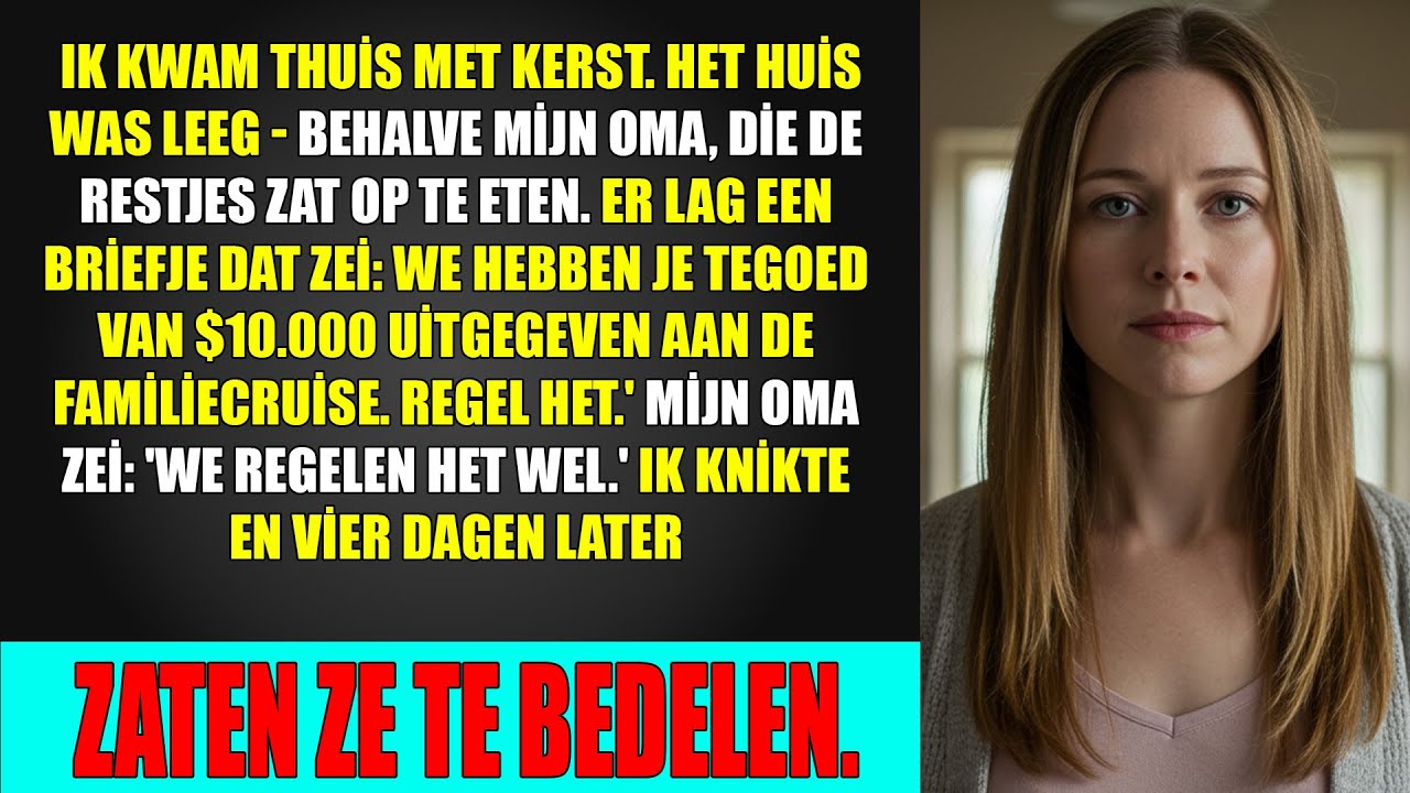 Ik kwam thuis met kerst. Het huis was leeg - behalve oma die restjes at. Op een briefje stond...