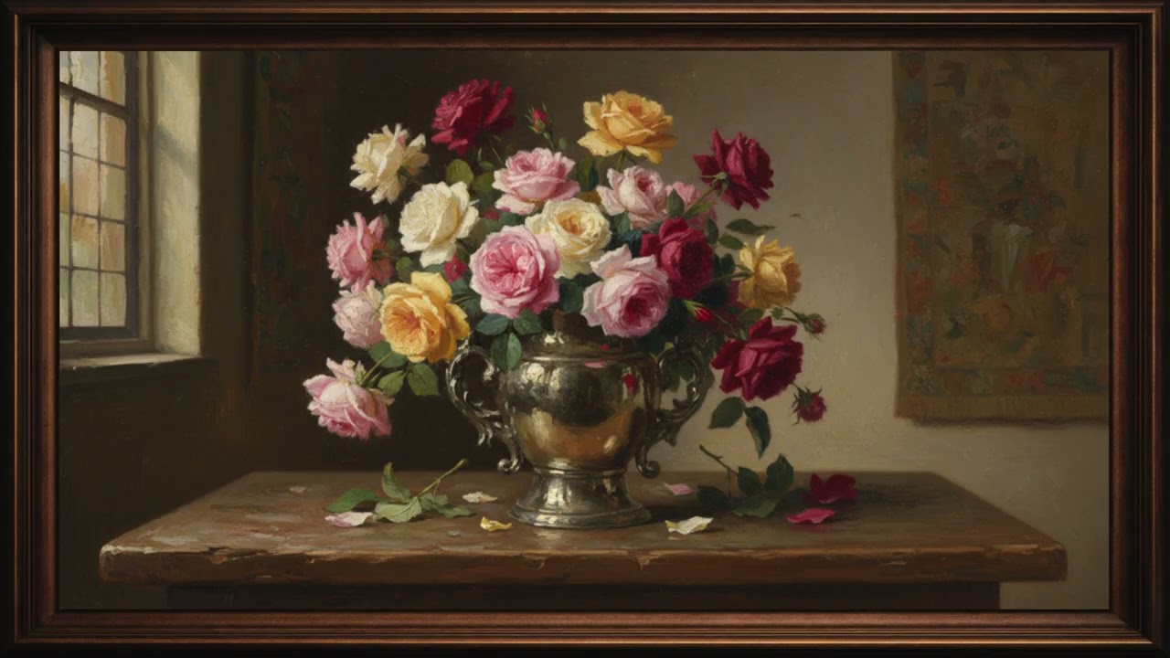 Roses in an Antique Vase | Framed Oil Painting Vintage Art 4K (2 Hours Relaxing Background)