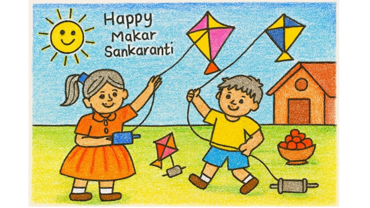 Happy Makar Sankranti Drawing for Kids | Easy Kite Festival Drawing & Colouring