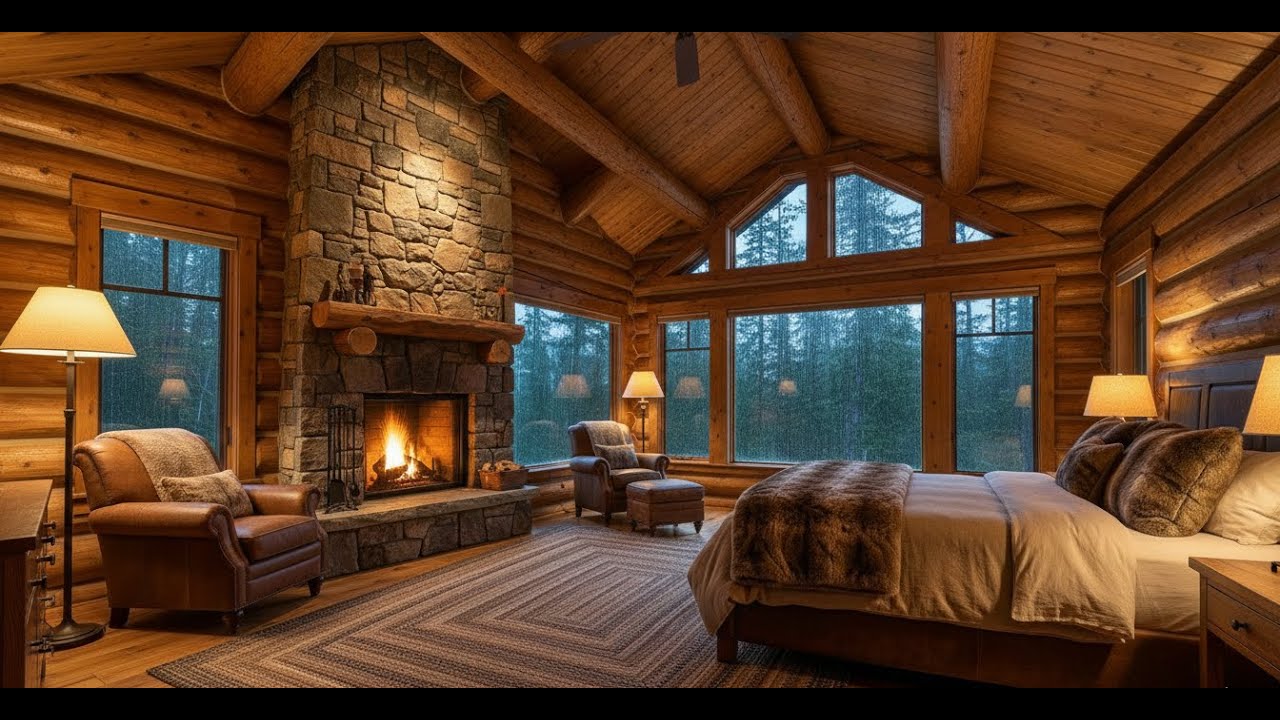 Cozy Cabin in the Rain - Heavy Rainstorm & Crackling Fireplace for Sleeping