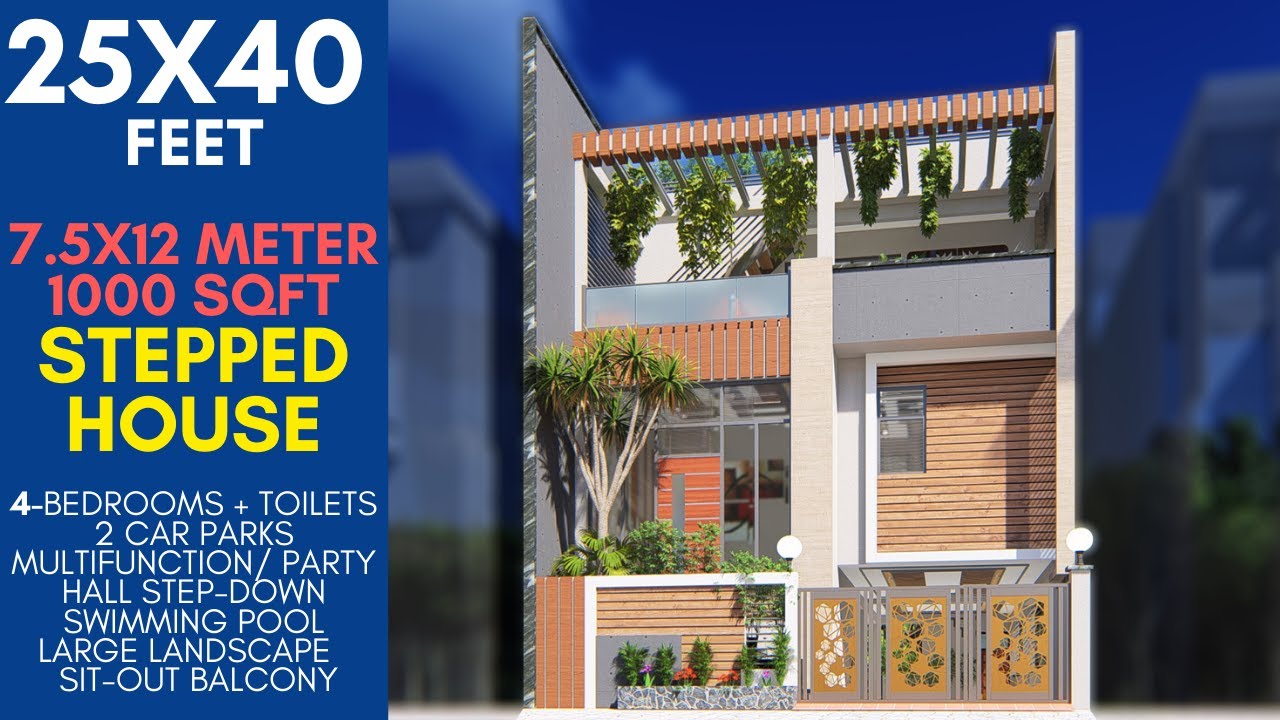 25X40 Feet, 1000 Sqft Stepped Entry with Swimming Pool & Party Area | 7.5X12 Meter House | ID-090