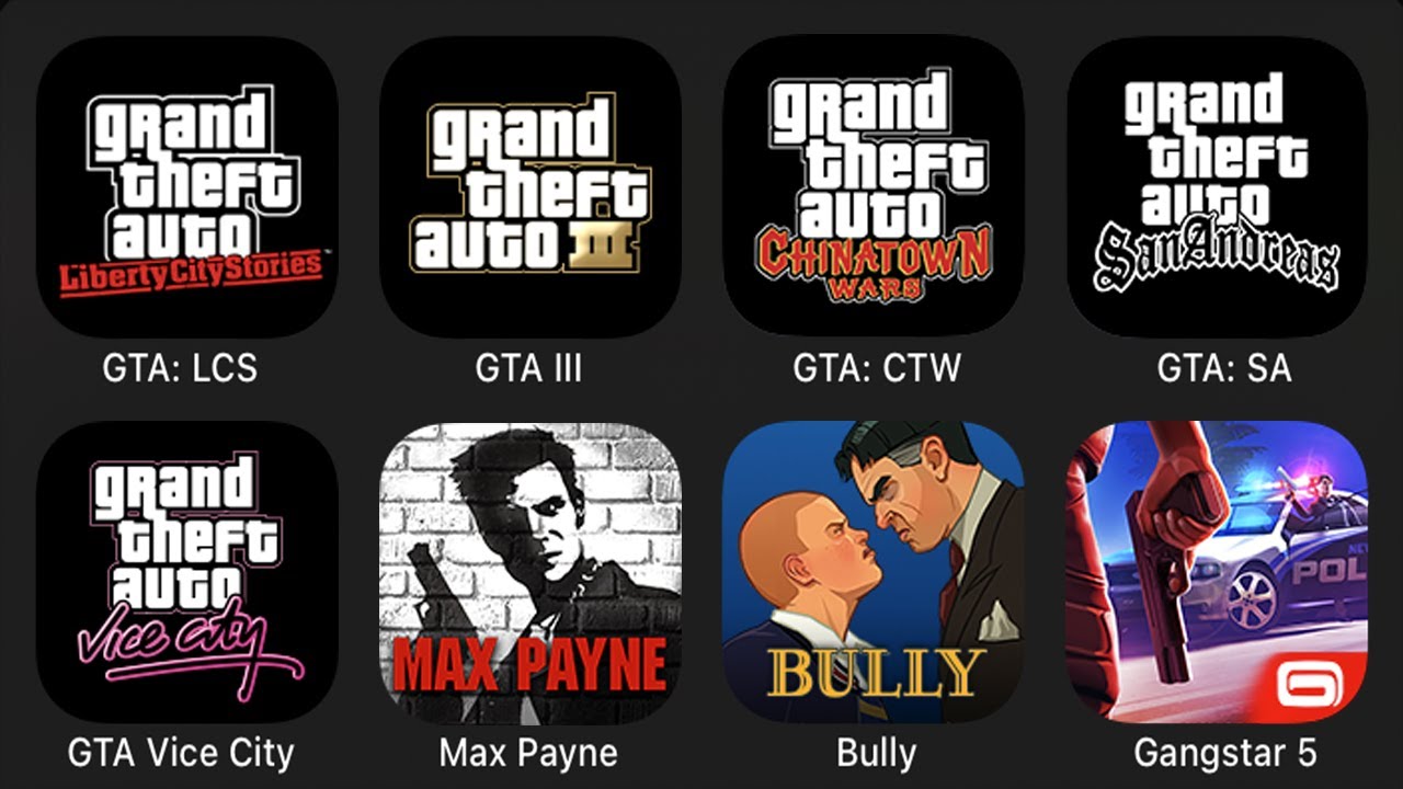 GTA: LCS, GTA III, GTA: CTW, GTA: SA, GTA Vice City, Max Payne, Bully, Gangstar 5