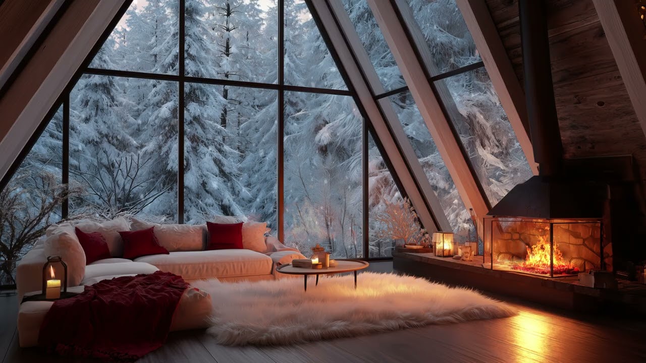 Relaxing Soft Piano Music ❄️ Cozy Sofa by the Fireplace | Falling Snow & Forest View (No Ads)