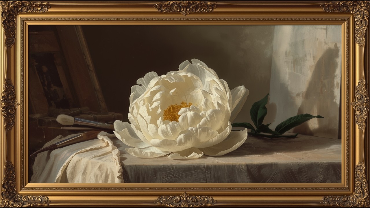 Vintage White Peony Oil Painting | Elegant Gold Frame | Timeless Floral Art| TV Screensaver 4K