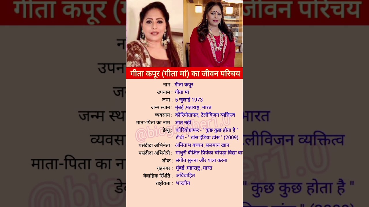 Geeta Kapoor (Geeta Maa) biography #youtubeshorts
