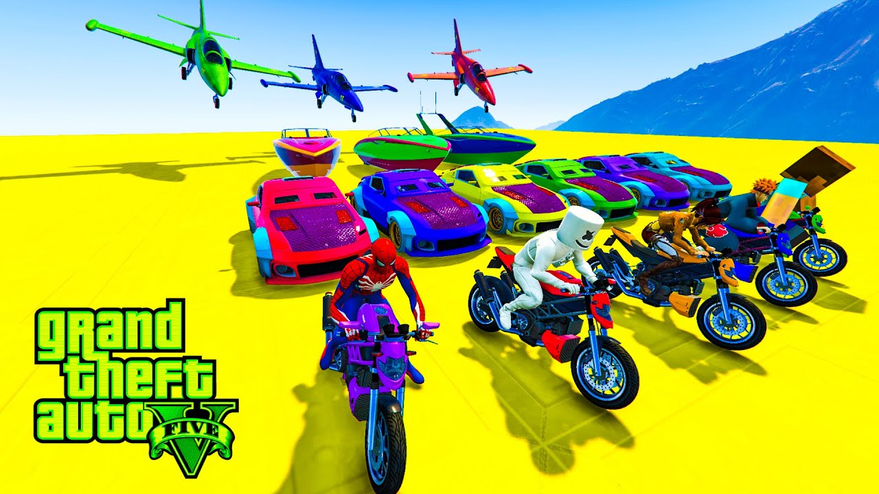GTA V Spiderman Crazy Car Racing By Trevor! MEGA Ramp Jump Challenge! CARS. BIKE. PLANE. MOTO