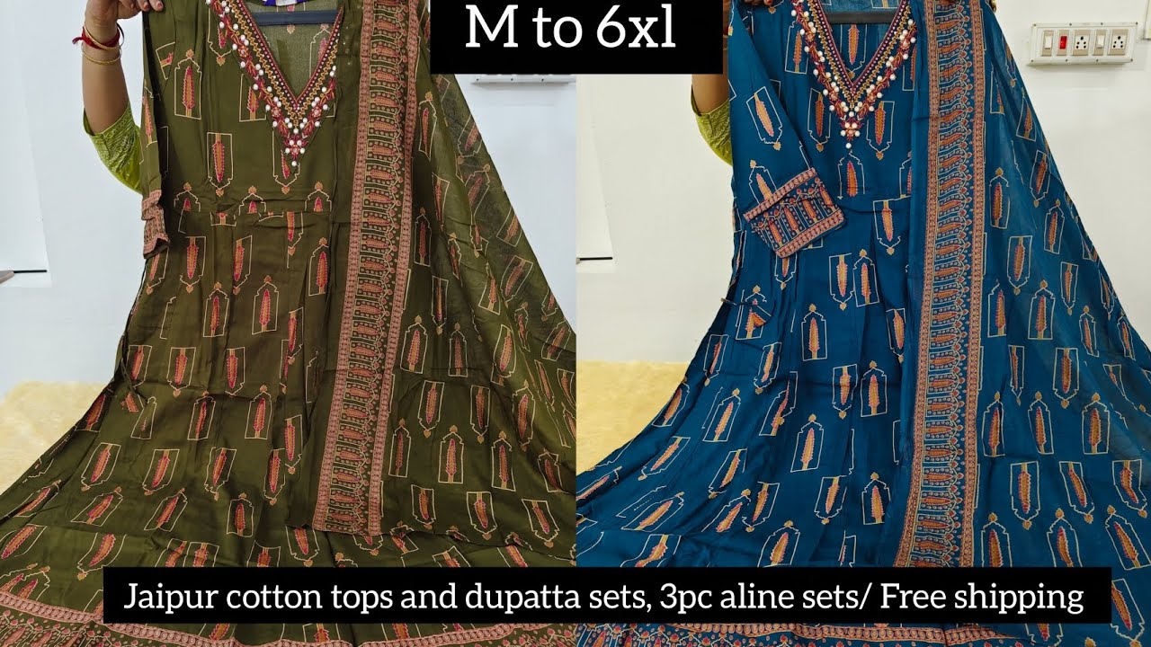 M to 6xl, Jaipur cotton tops and dupatta sets, 3 pc aline sets/ free shipping 