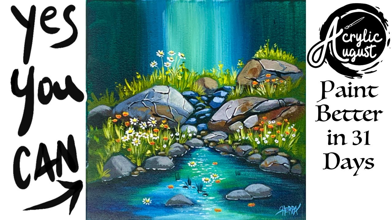 Rocks and stream  🌟🎨 How to Draw and Paint tutorial for Beginners: Acrylic August | Day