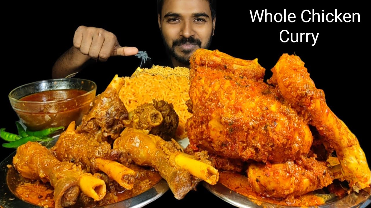 Eating Spicy Whole Chicken Curry with Sezwan Fried Rice | Mutton Curry & Salad Mukbang