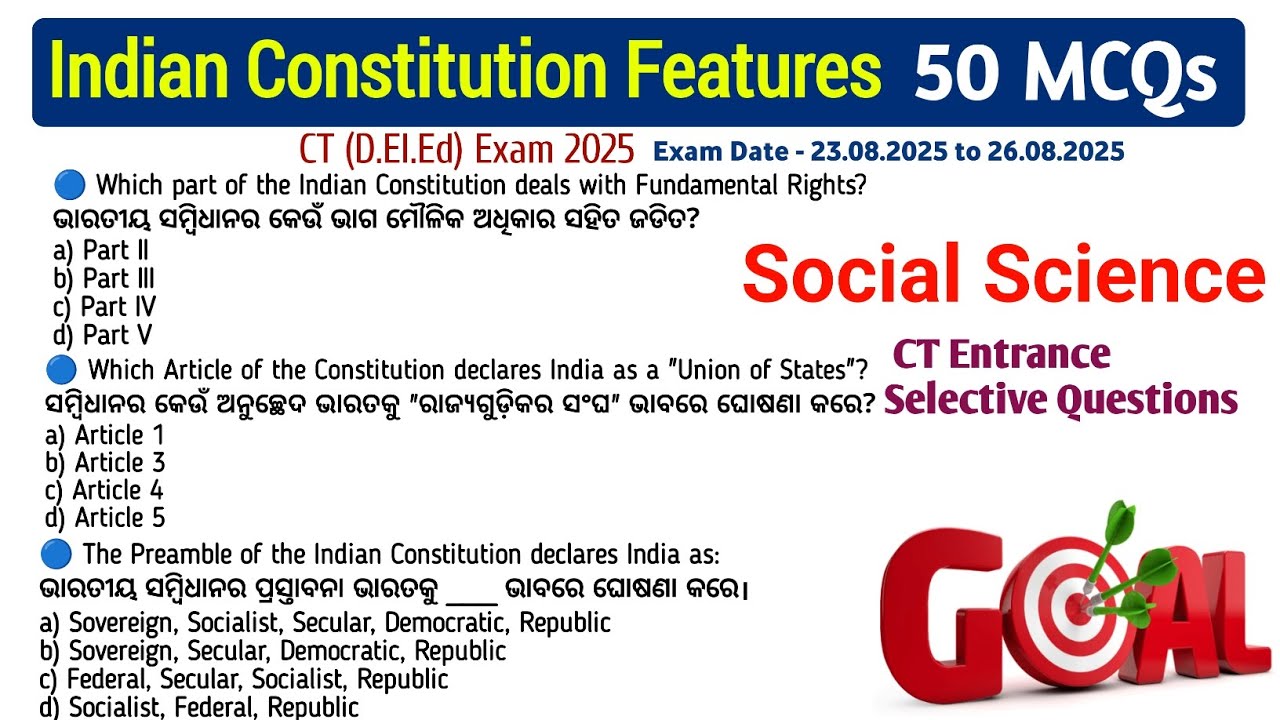 CT Exam General Awareness MCQs || Features of Indian Constitution || Social Science Question CT Exam