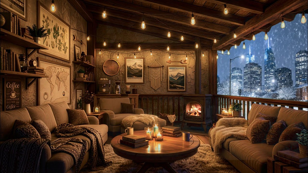 Jazz Music – Cozy Winter City Coffee Shop Ambience with Fireplace for Sleep & Relax