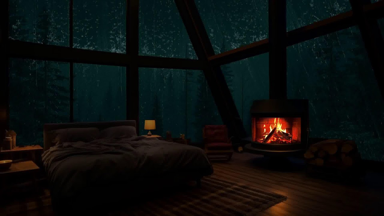 A peaceful night in the forest as rain surrounds a calm and secluded cabin