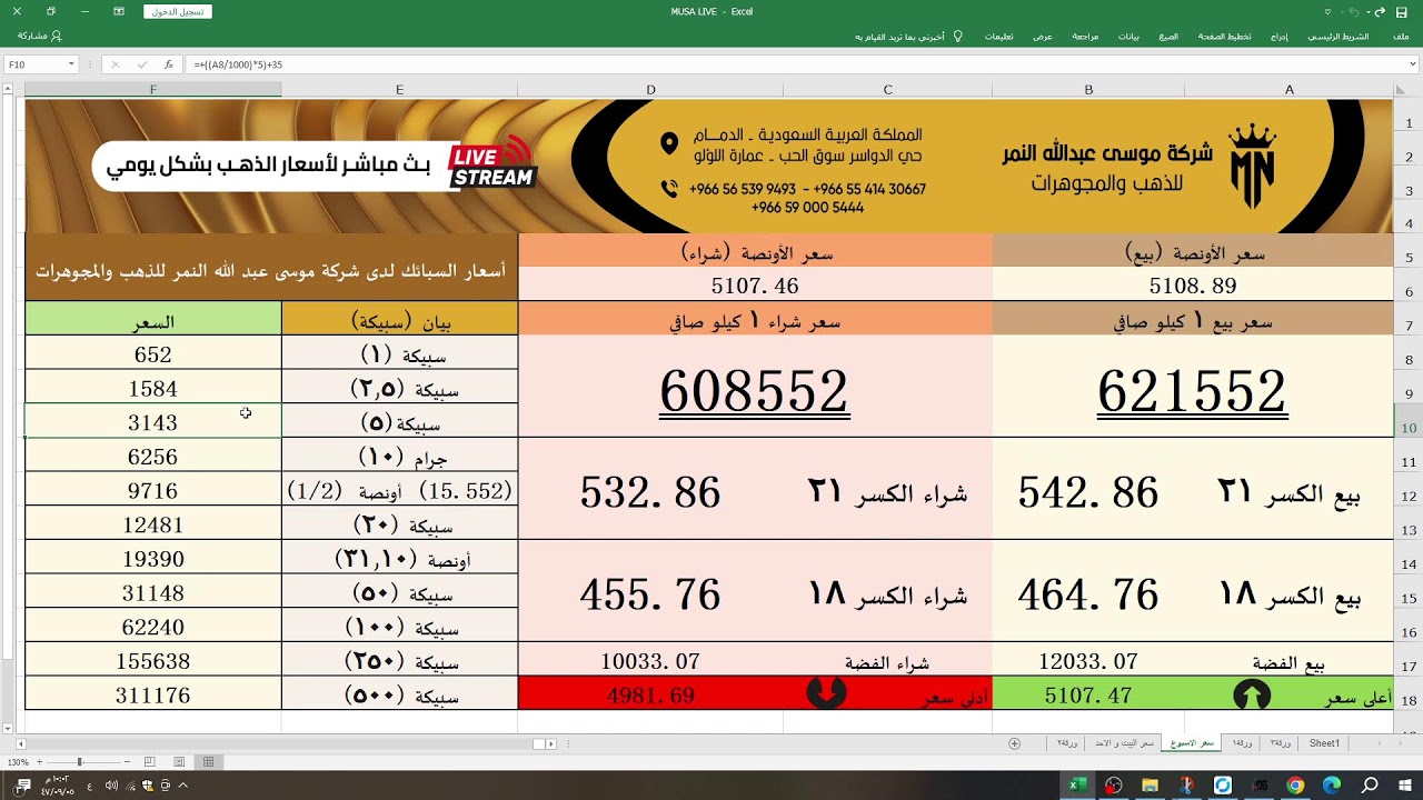 بث مباشر لأسعار الذهب في شركة موسى عبدالله النمر للذهب والمجوهرات