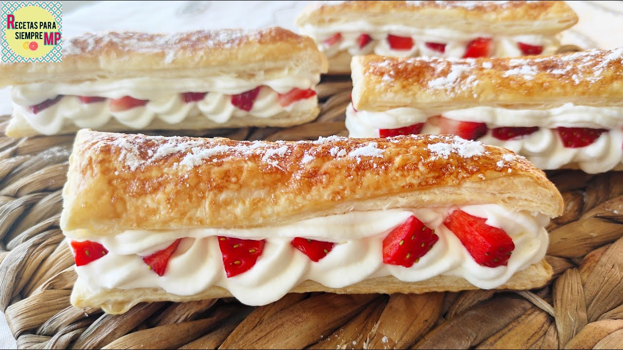⏩ Postre de Hojaldre de Nata y Fresas. Delicioso y en pocos minutos