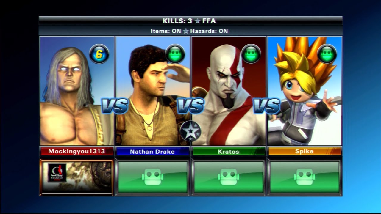 Playstation  All-Stars Battle Royale  ZEUS vs Nathan Drake vs Kratos vs Spike  .