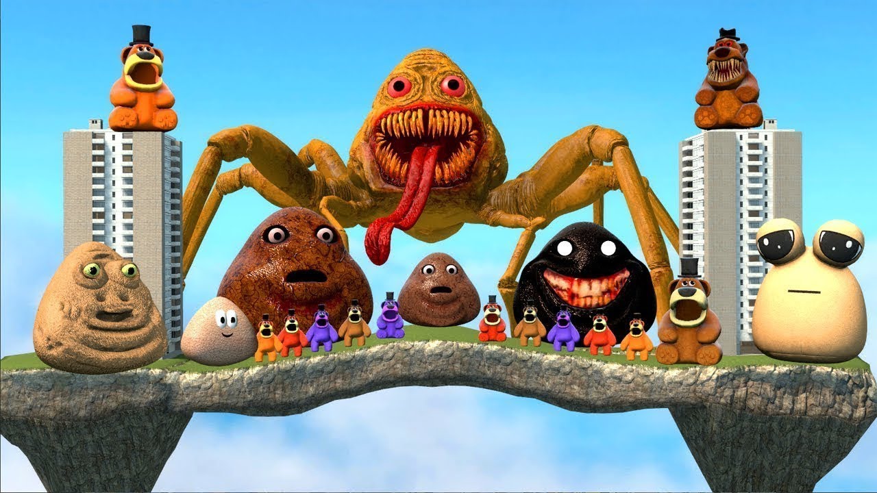 DESTROY ALL 3D POU BOU'S REVENGE & CHOLERA FREDDY FAZBEAR FAMILY in SKY CONSTRUCT Garry's Mod