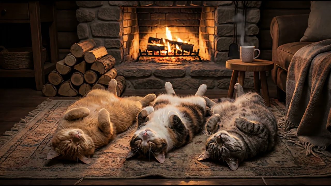 Pure Cat Comfort 🐾 Sleeping Cats by a Cozy Fireplace Glow | Relaxing Ambient Background