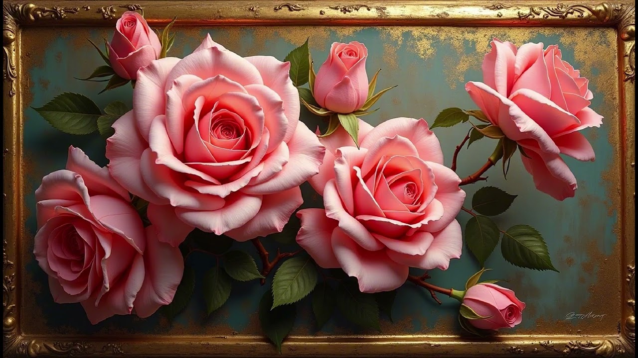 4K Floral Art Screensaver For Your Tv Elegant Pink Roses Gold Framed Wallpaper Background Samsung Tv