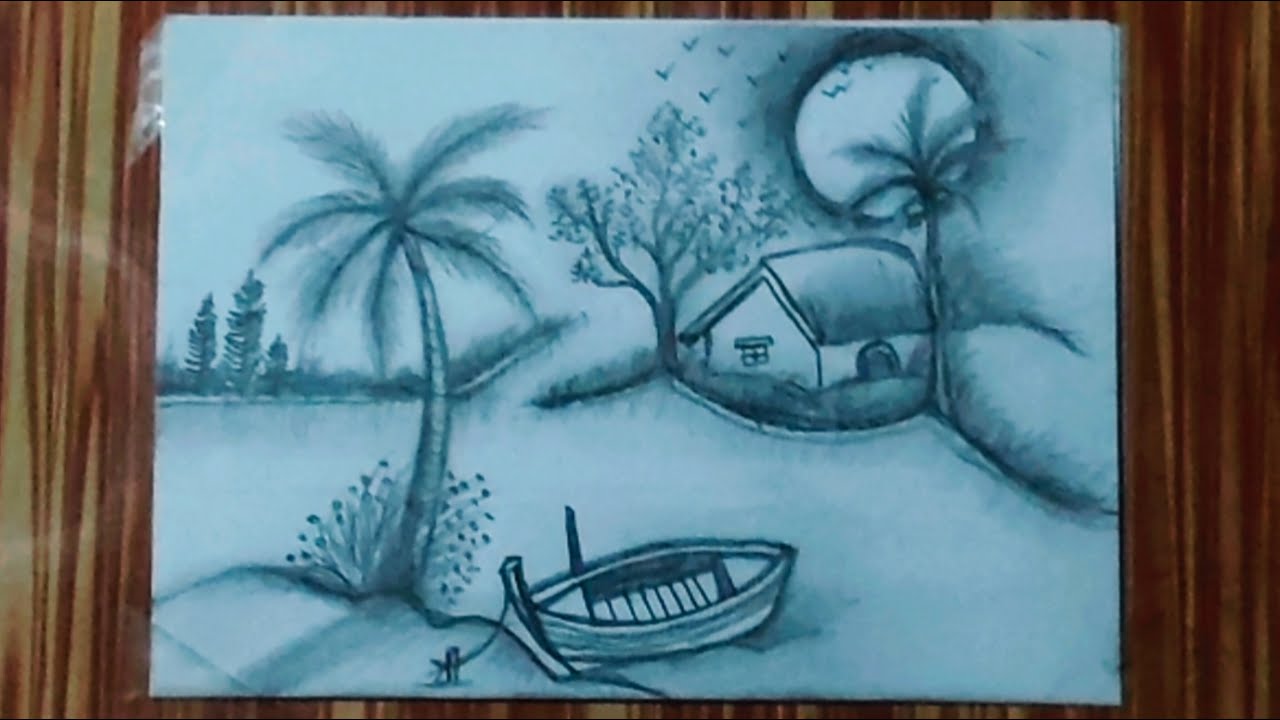 Foggy Winter Morning Village Scenery | River Boat & Coconut Trees | Pencil Art | Asma Pencil Art