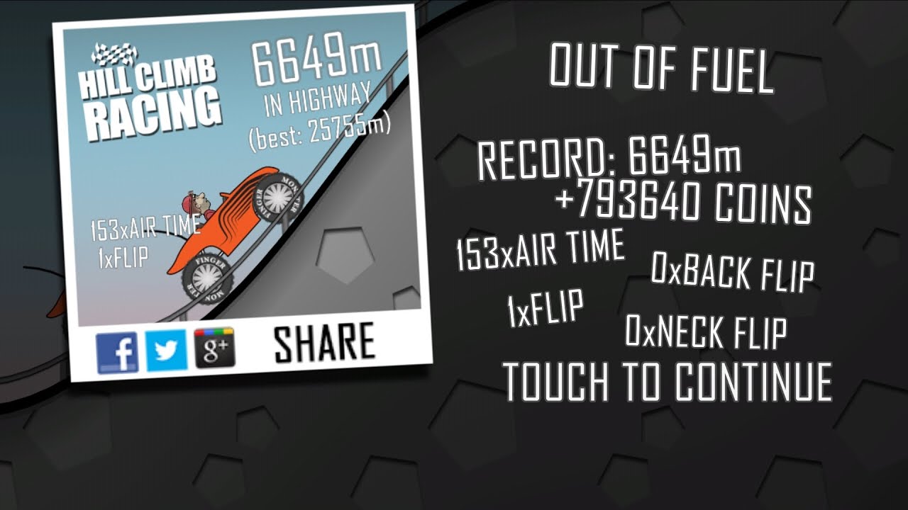 Hill Climb Racing: 6649m in Highway on Monster Truck (no boosters, no pets)
