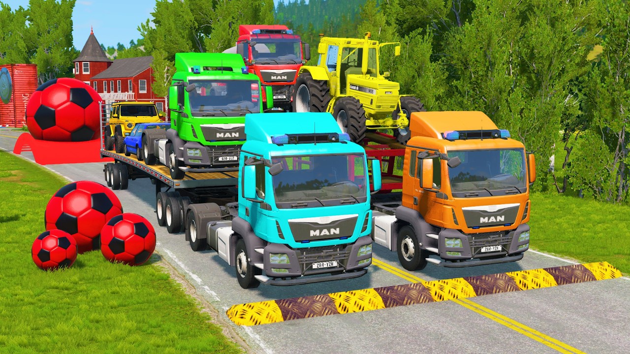 Flatbed Trailer McQueen Transportation with Truck - Speedbumps vs Cars vs Train - BeamNG.Drive #4