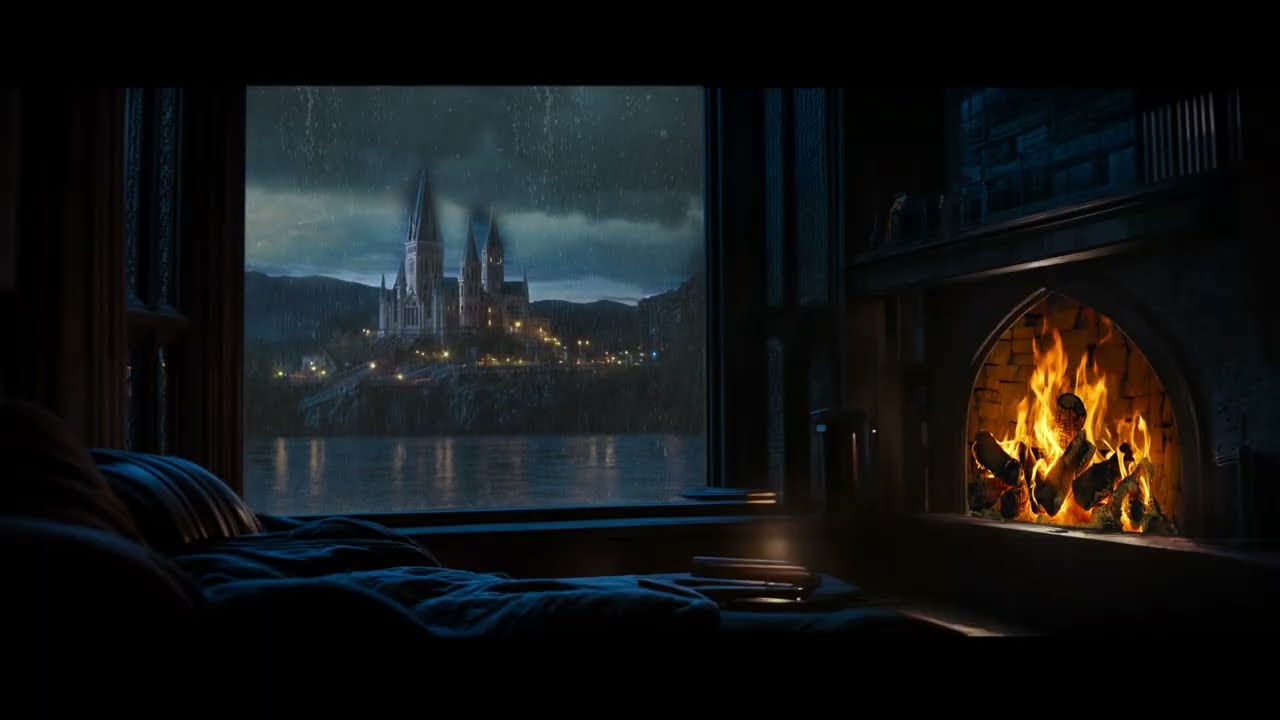 Cozy Castle Night by the Window • Rain Sounds & Fireplace Glow for Sleep | No Ads