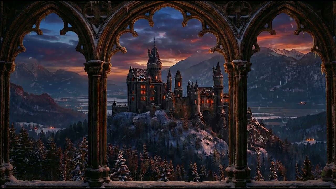 4K Sunset Castle Window View 🌄 Gothic Fantasy Ambience for Sleep & Study
