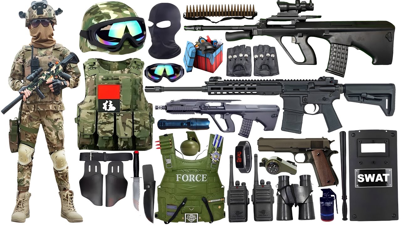 Special Forces Military Toy Gun Set Open Box, AUG Assault Rifle, Type 95 Rifle,Rocket Launcher,Glock