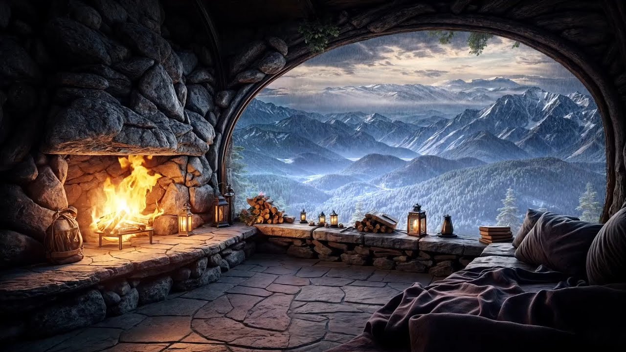 Cozy Mountain Cave Rain & Fireplace Sounds for Deep Sleep & Overthinking | 1 Hour