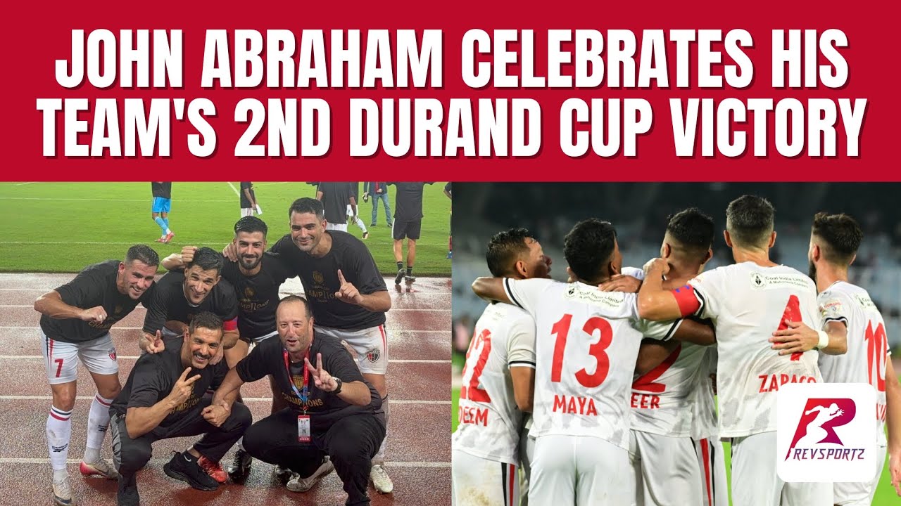 NorthEast United FC owner John Abraham celebrates their second Durand Cup victory with the team.