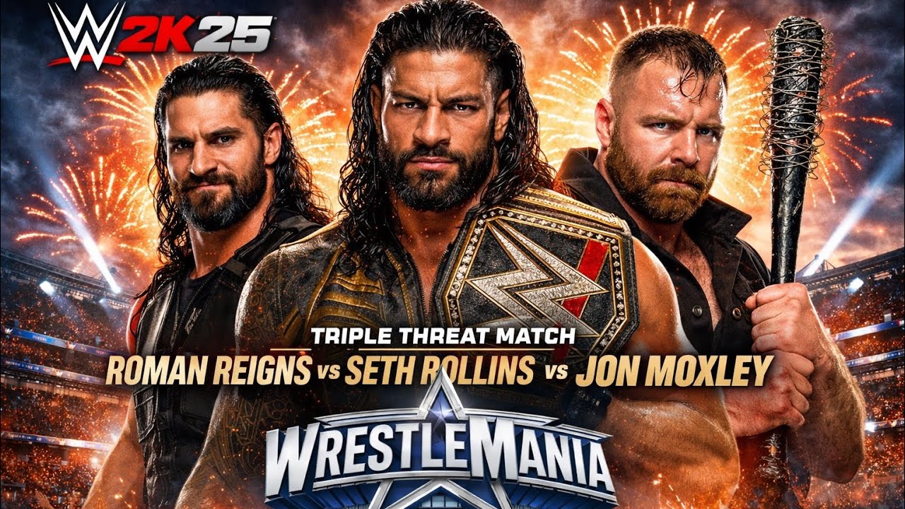 Wwe 2k25 roman reigns vs seth rollings vs jon moxley triple threat match at wristlemania 