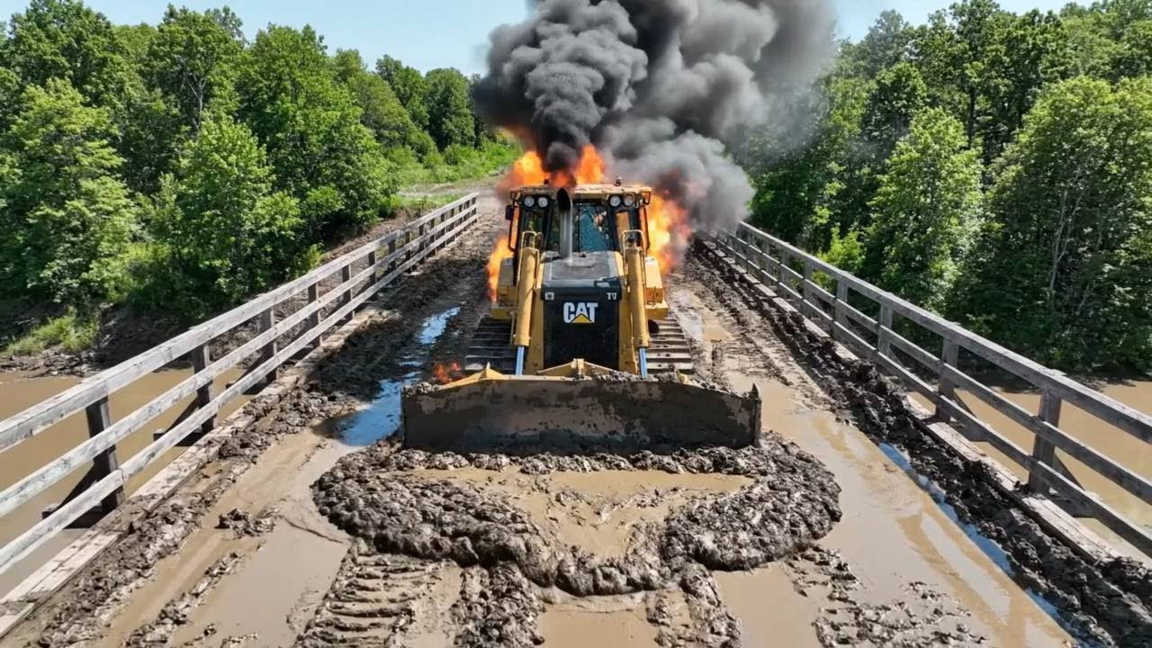 Unbelievable Bulldozer Caterpillar D11T Pushing Mud The Fire Is Burning