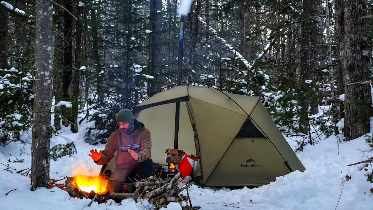 HOT TENT Winter Camping in The Forest