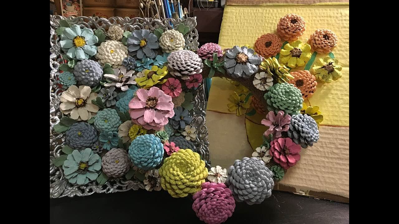 Pine cone flower crafts Part 2 Project ideas. #pinecone art #diy