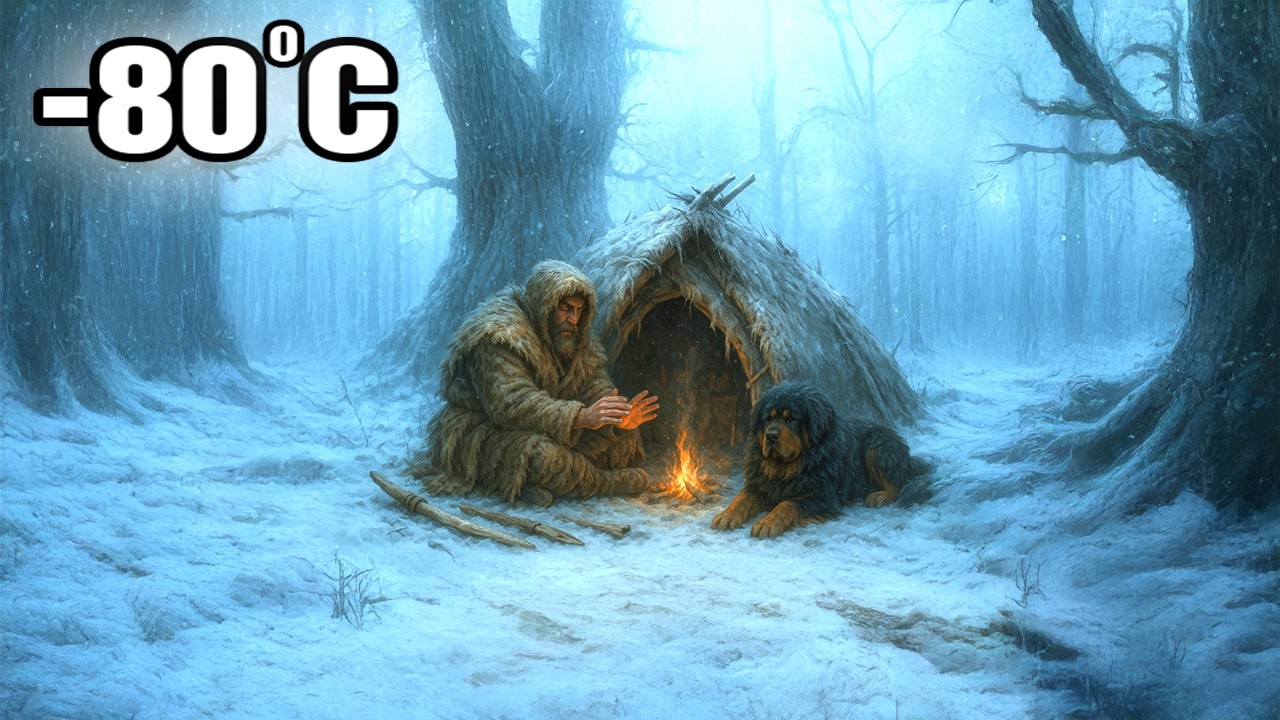 Surviving the Frozen Wilderness: Man and His Tibetan Mastiff Camping Under an Ancient Tree