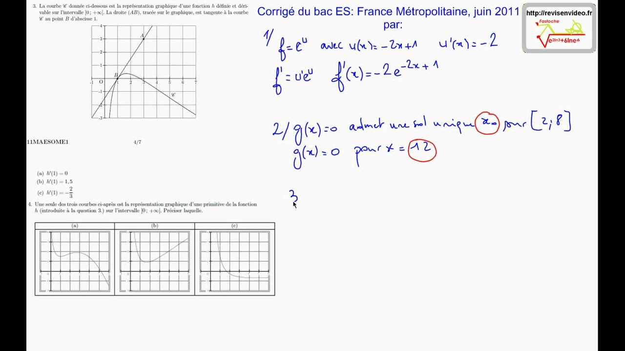 Corrig&eacute; Bac ES France M&eacute;tropolitaine juin 2011: exercice 3.