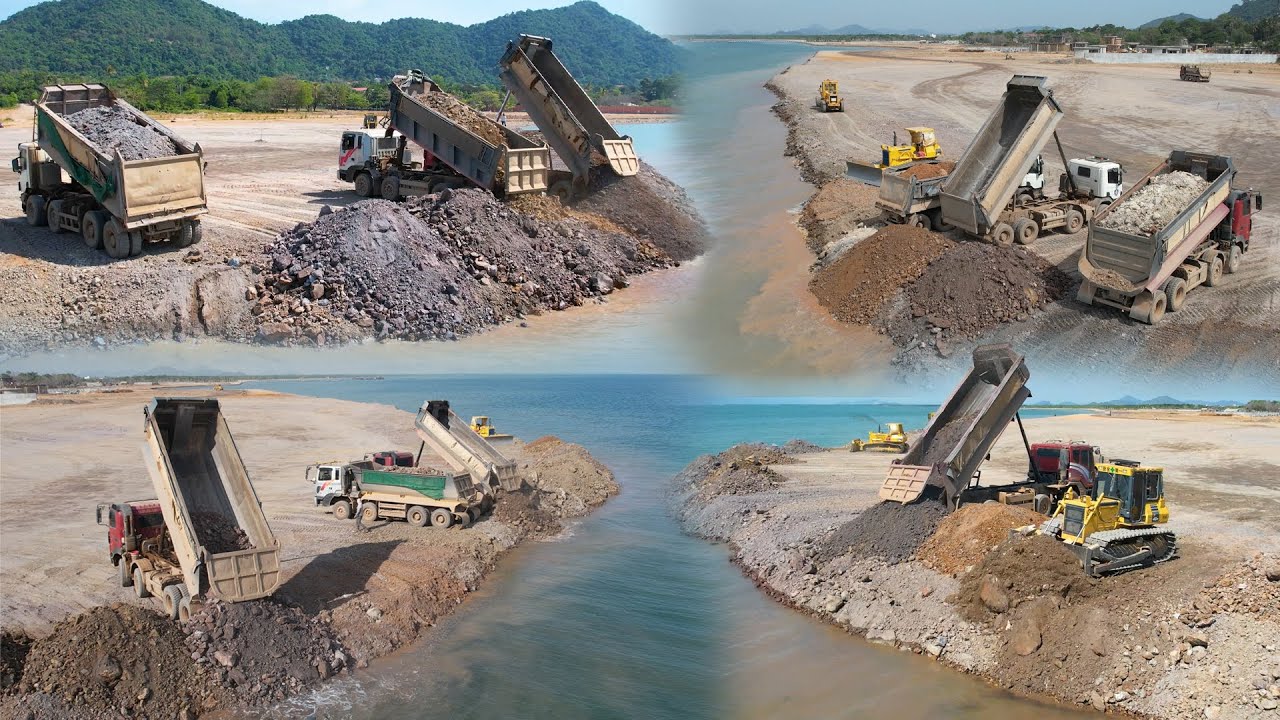 Incredible Best Wonderful Huge dump truck unloading dirt, Bulldozer​ Cleaning​ New​ Beach