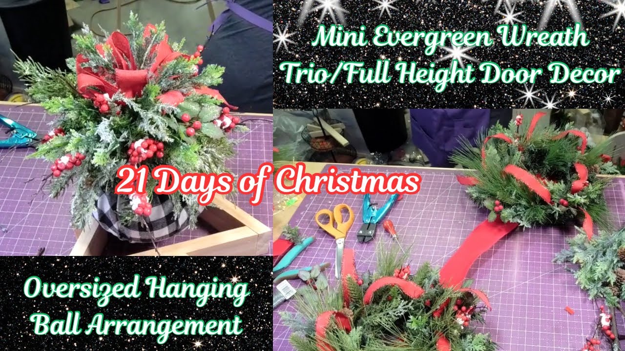 Oversized Hanging Ball Arrangement and Mini Evergreen Wreath Hanging Trio |21 Days of Christmas