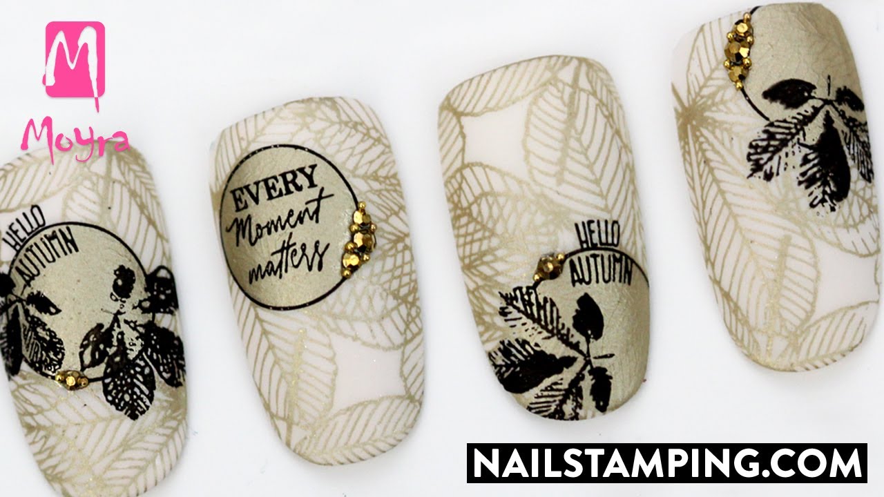 Golden stamping nail art with autumn leaves (nailstamping.com)