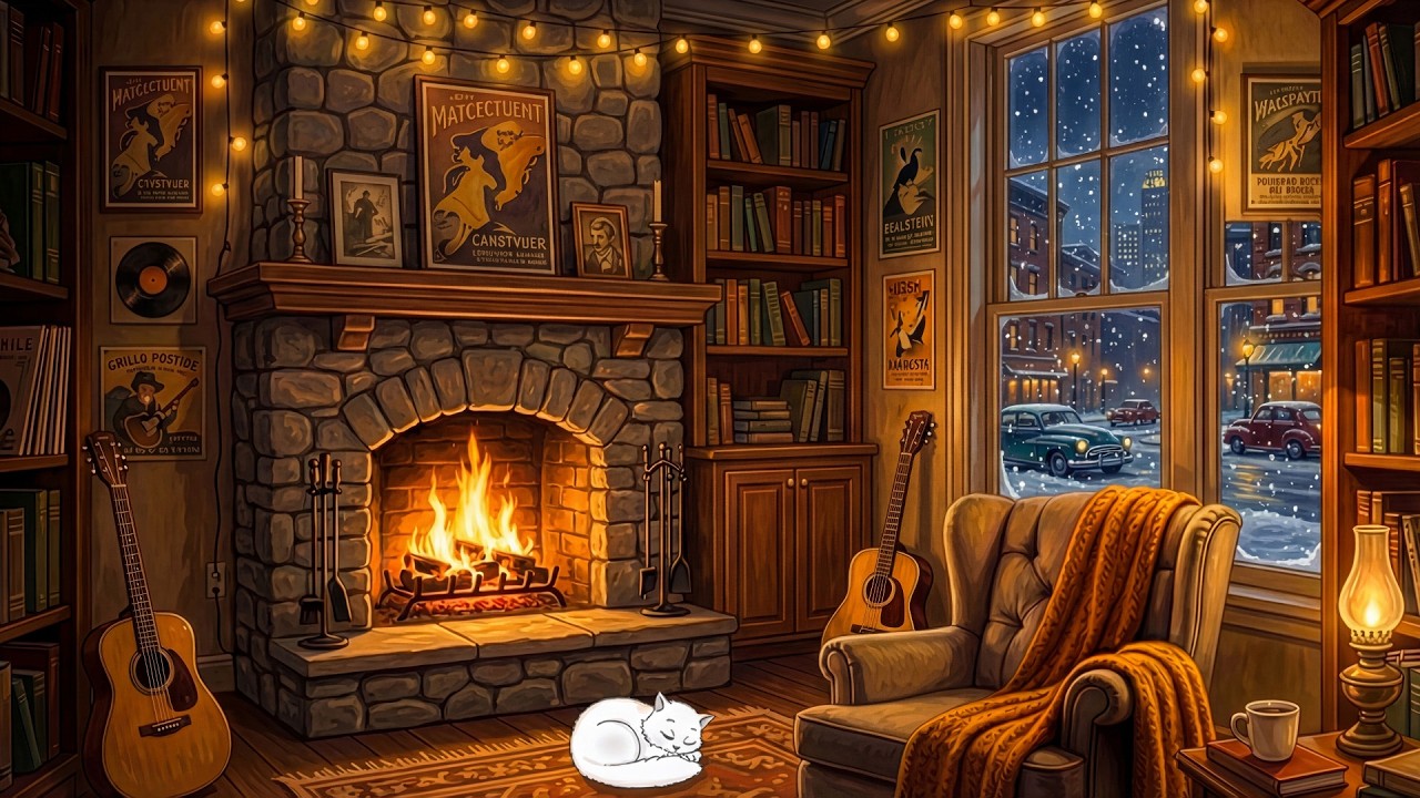 it's snow cozy night in 1940's with soft oldies playing in another room (fireplace & snow sounds)