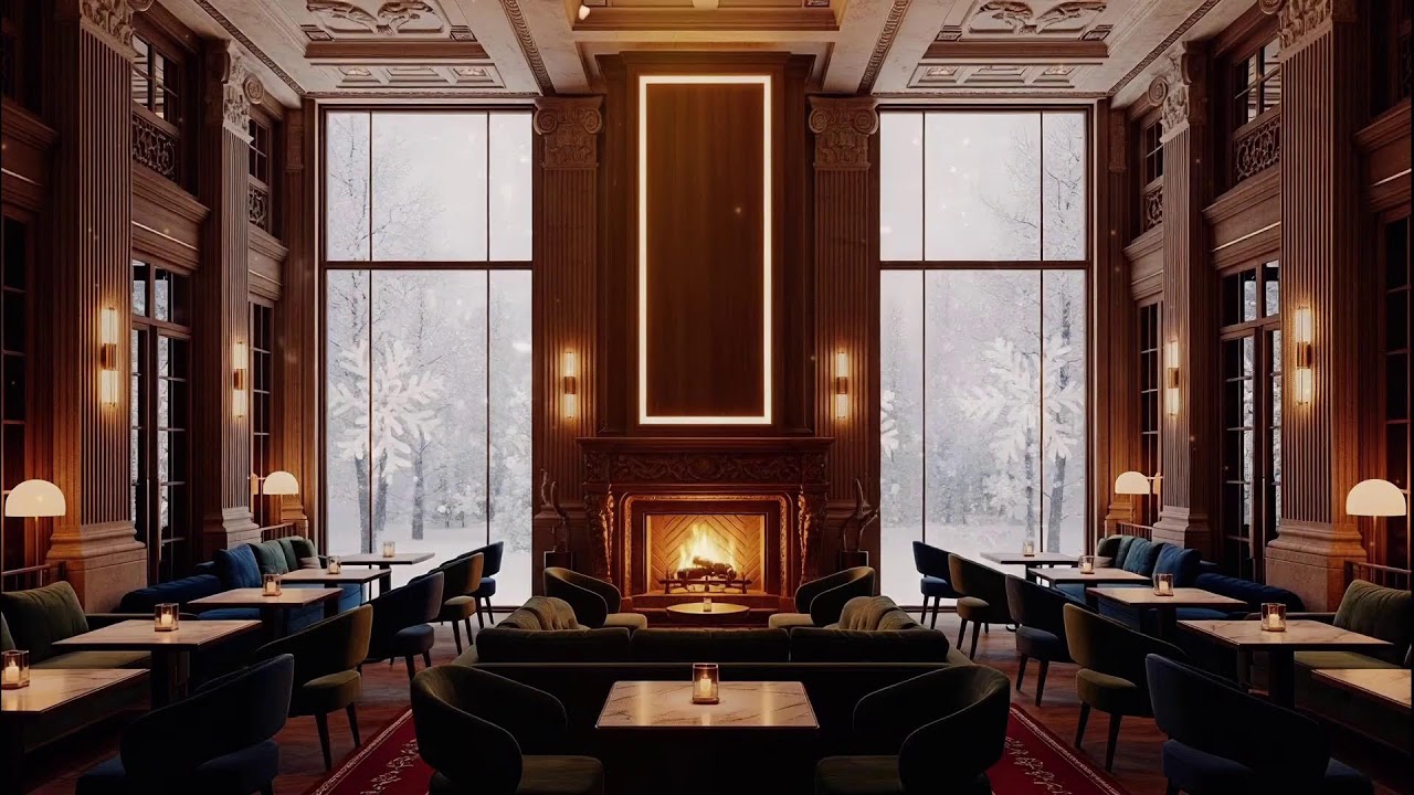 Cozy Winter Coffee Shop Ambience with Warm Jazz Music & Crackling Fireplace to Relaxing, Work, Study