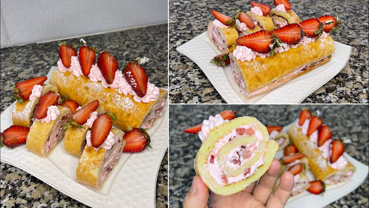 بيسكوي رولي بالفراولة مثل الإسفنج تتحكمي فيه كيما تحبي 🍓