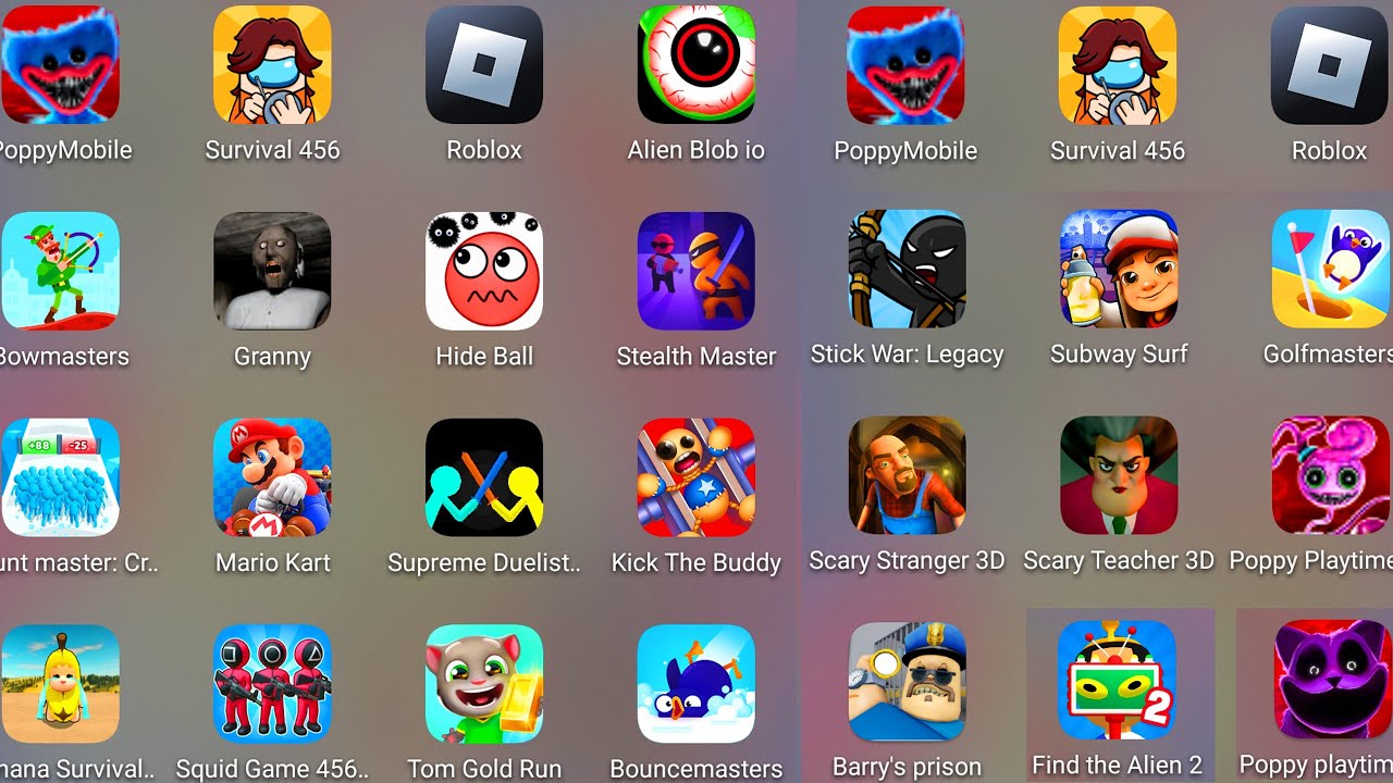 Roblox,Poppy Playtime 3,Bowmasters,Granny Med,456 Cat Survival,Alien Blob io,Barry’s Prison Run....