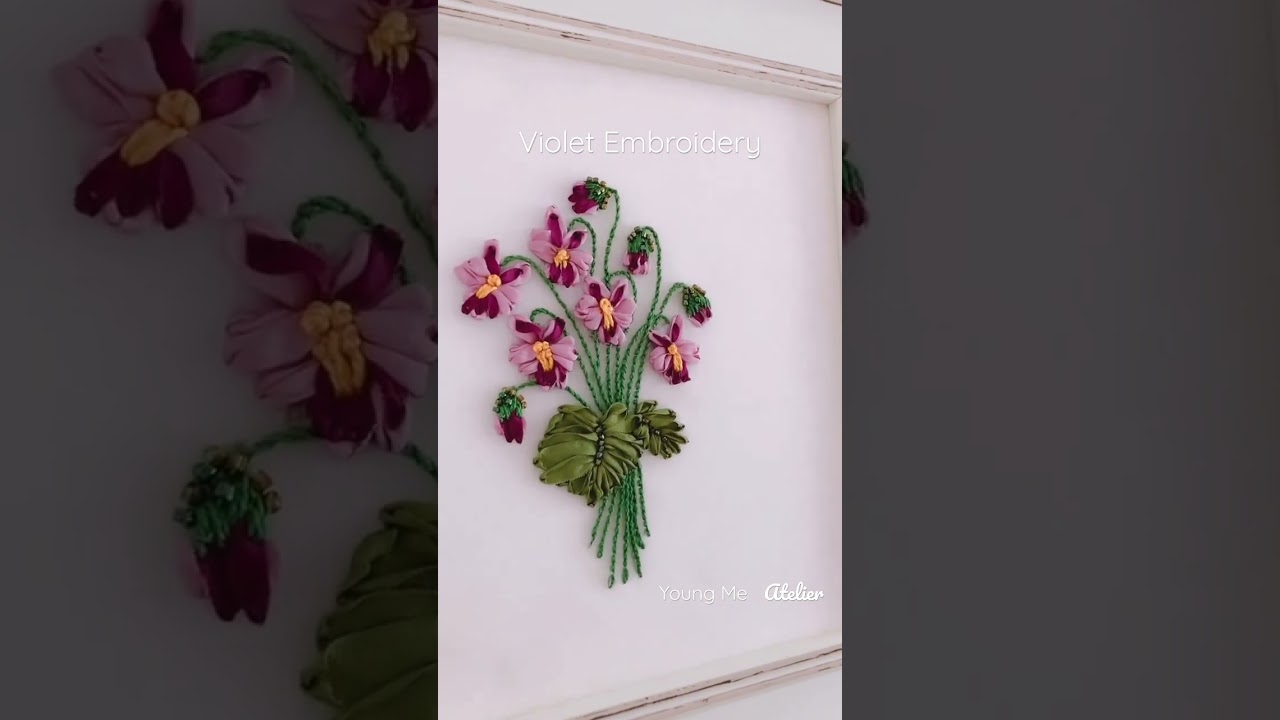 Violet embroidery in a frame 🖼️ #frenchembroidery #rinnon #ribbonembroidery #프랑스자수 #violet