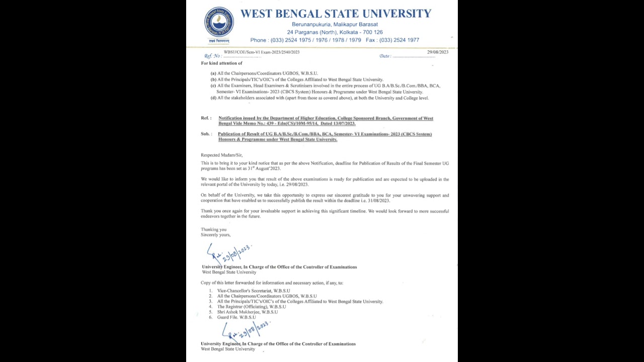WBSU UG Sem VI Result Notification 2023