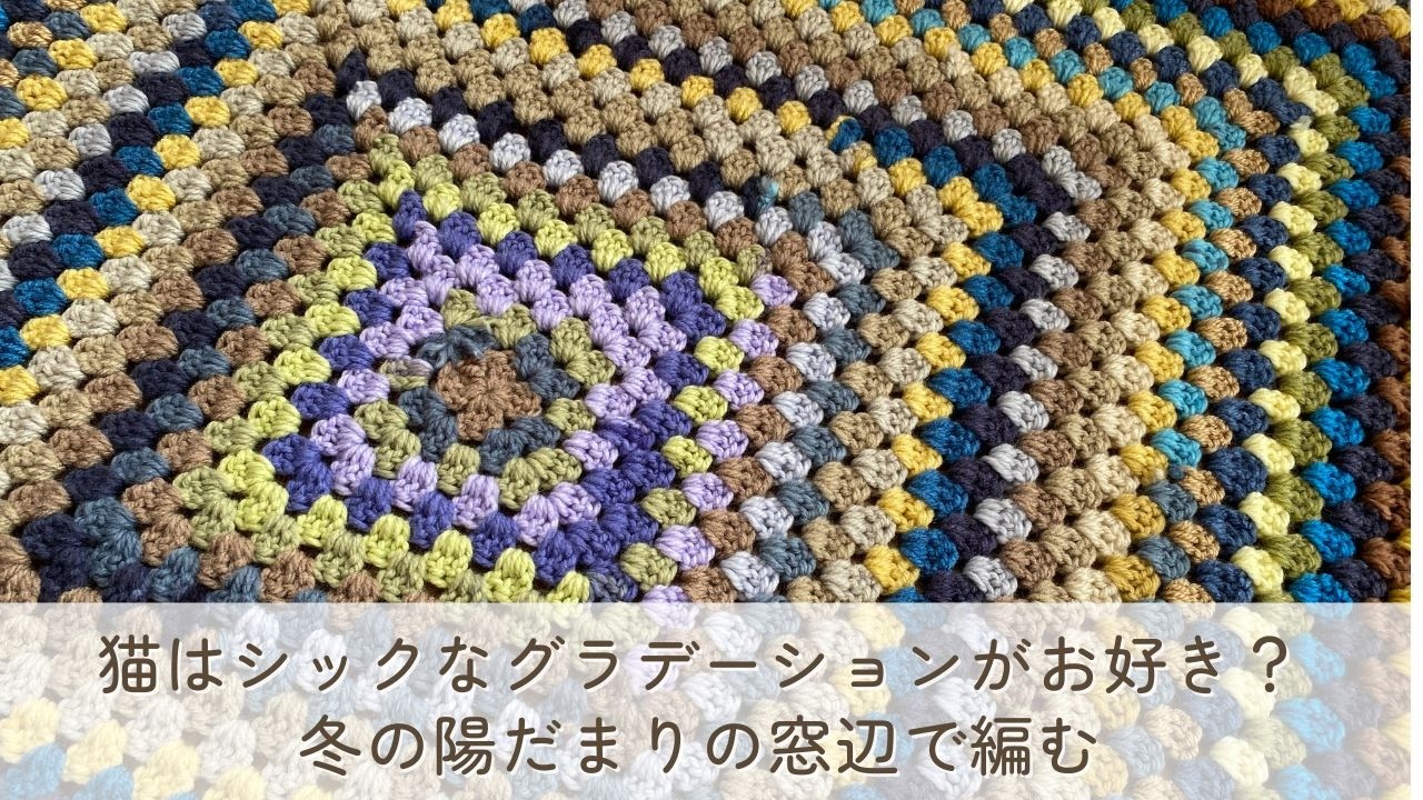 陽だまりの窓辺で編んだシックなグラデーションの毛糸のブランケット　猫はこの色合いがお好き？