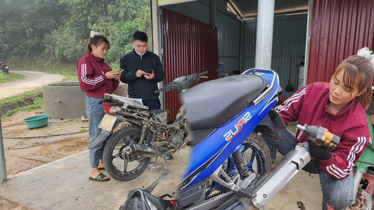 Repairing a broken old motorbike. Paying off the landlord, replacing the rear tire on the motorbike